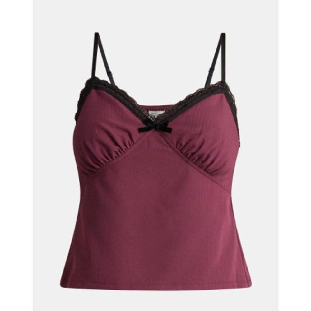 No Boundaries Women M Sweetheart tank Top Lace with Trim burgundy ruched busts